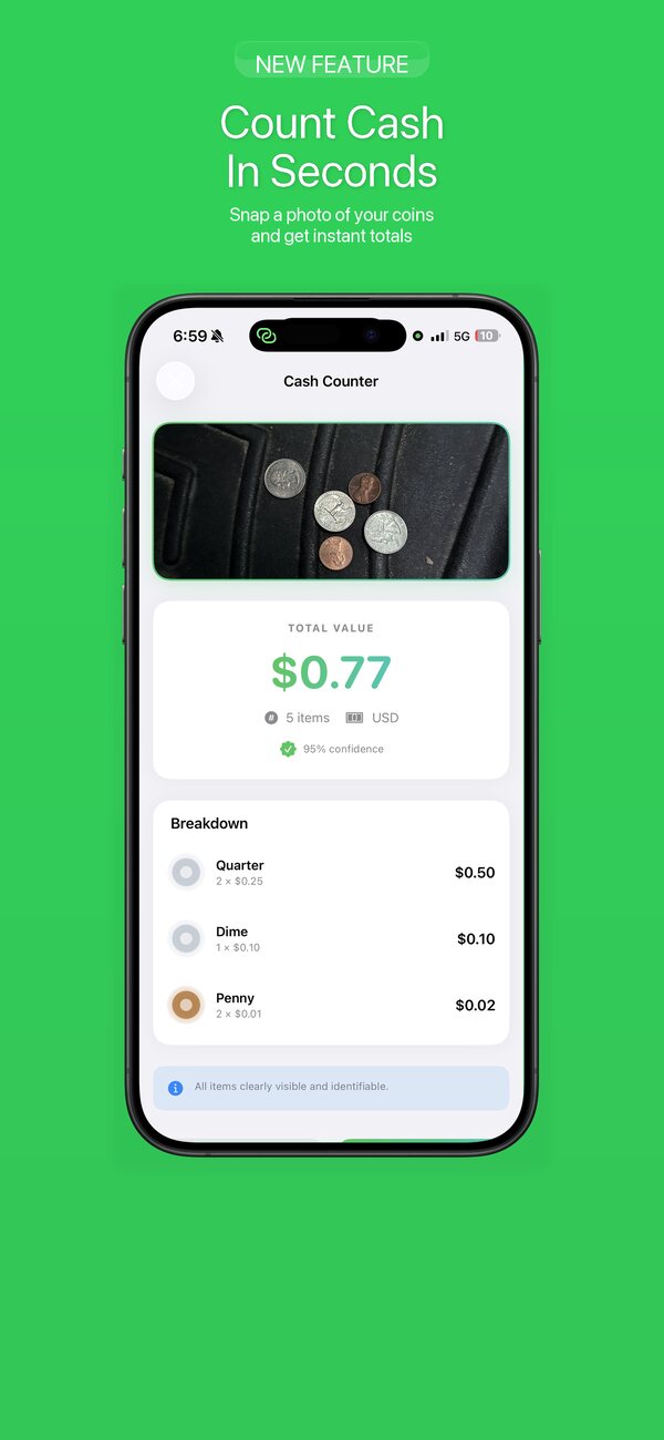 Cash Counter totals bills and coins from a single photo